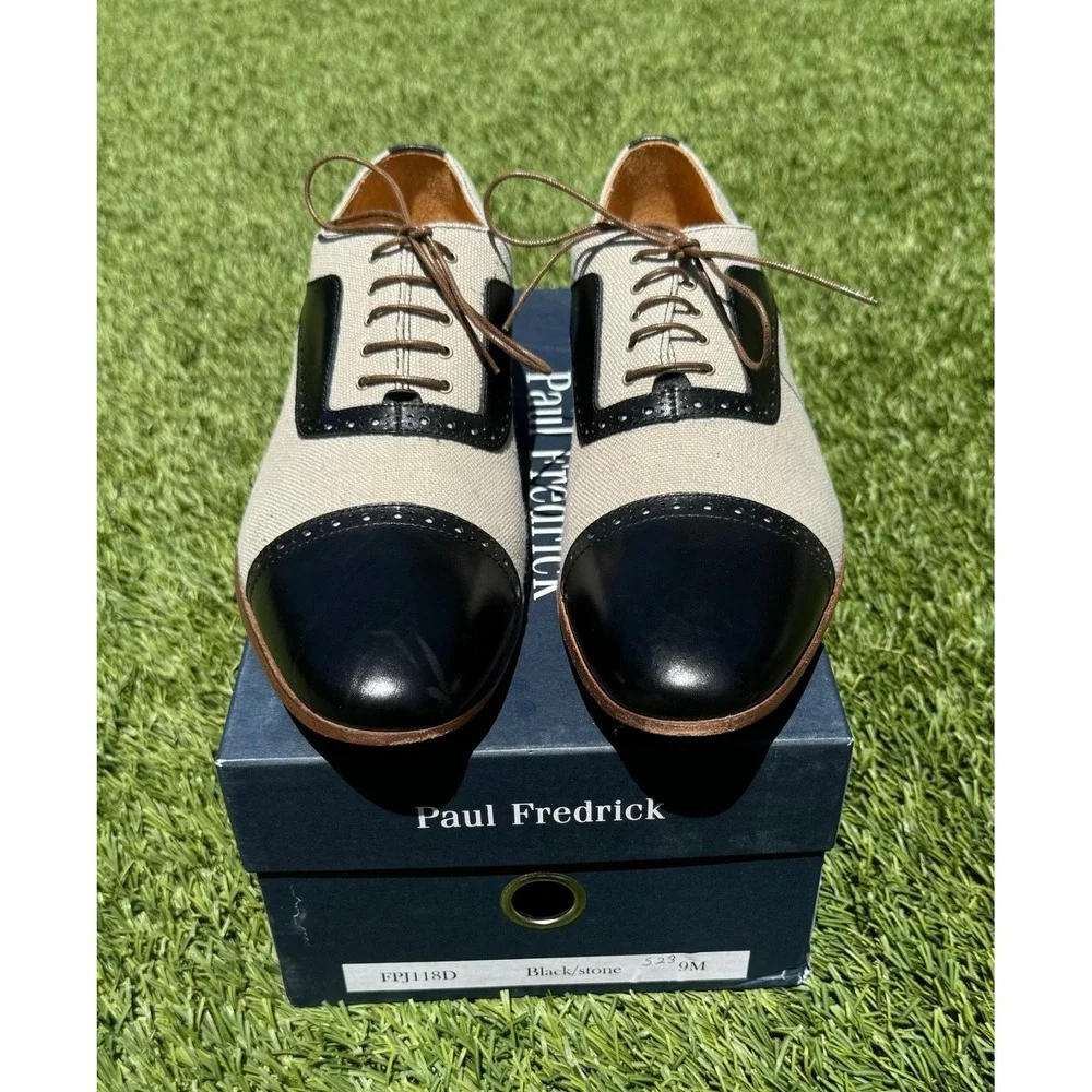 Paul Fredrick Men's 9M Black Stone Leather Canvas Cap Toe Oxford Italy 3166